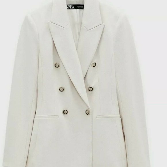 Zara White Double Breasted Pique Textured Blazer,